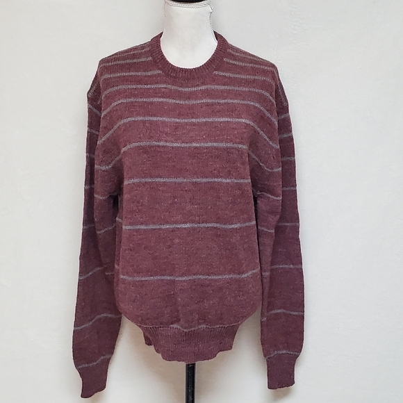 VINTAGE 70s Arrow Blazer Collection Knitwear Maroon Grey Striped Sweater Medium - Picture 2 of 10